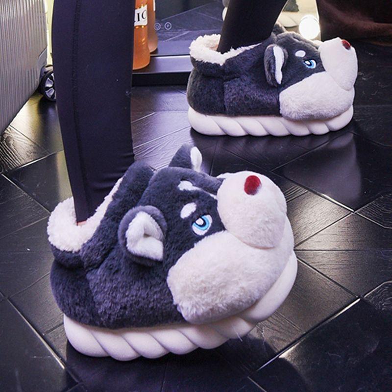 Fashion Men Indoor Cotton Slippers Cute Cartoon Dog Winter Warm Shoes Couples Home Floor Slides Anti-slip  Female Male House Footwear
