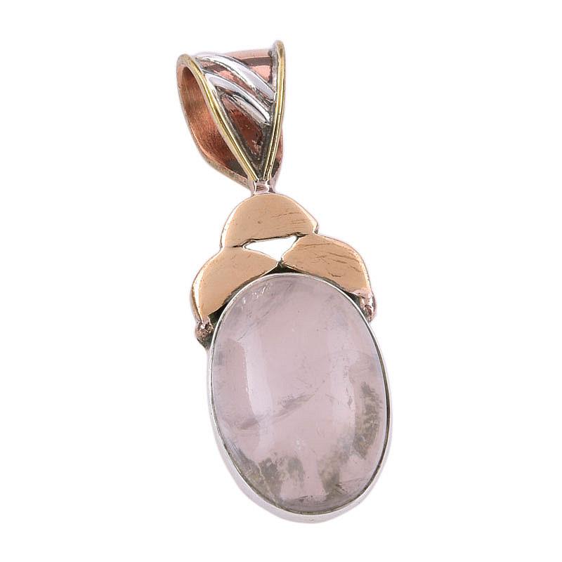 Natural Rose Quartz 925 Solid Sterling Silver Jewelry TwoTone Pendant 1.50" T5Y00