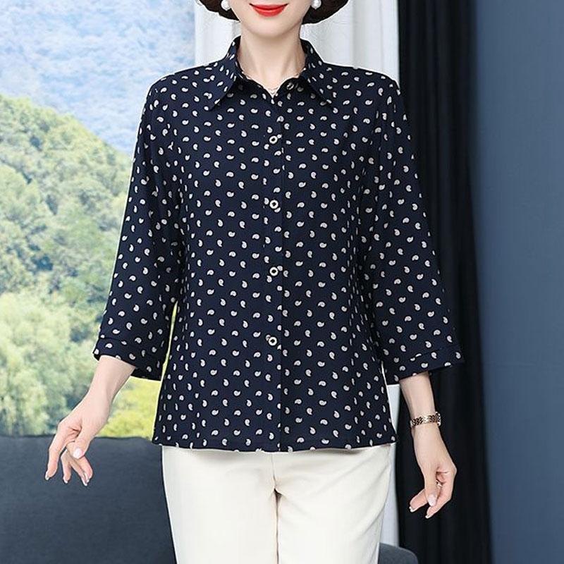 Vintage Broken Printed Blouse Spring Summer 3/4 Sleeve Turn-down Collar Commute Single-breasted Shirt