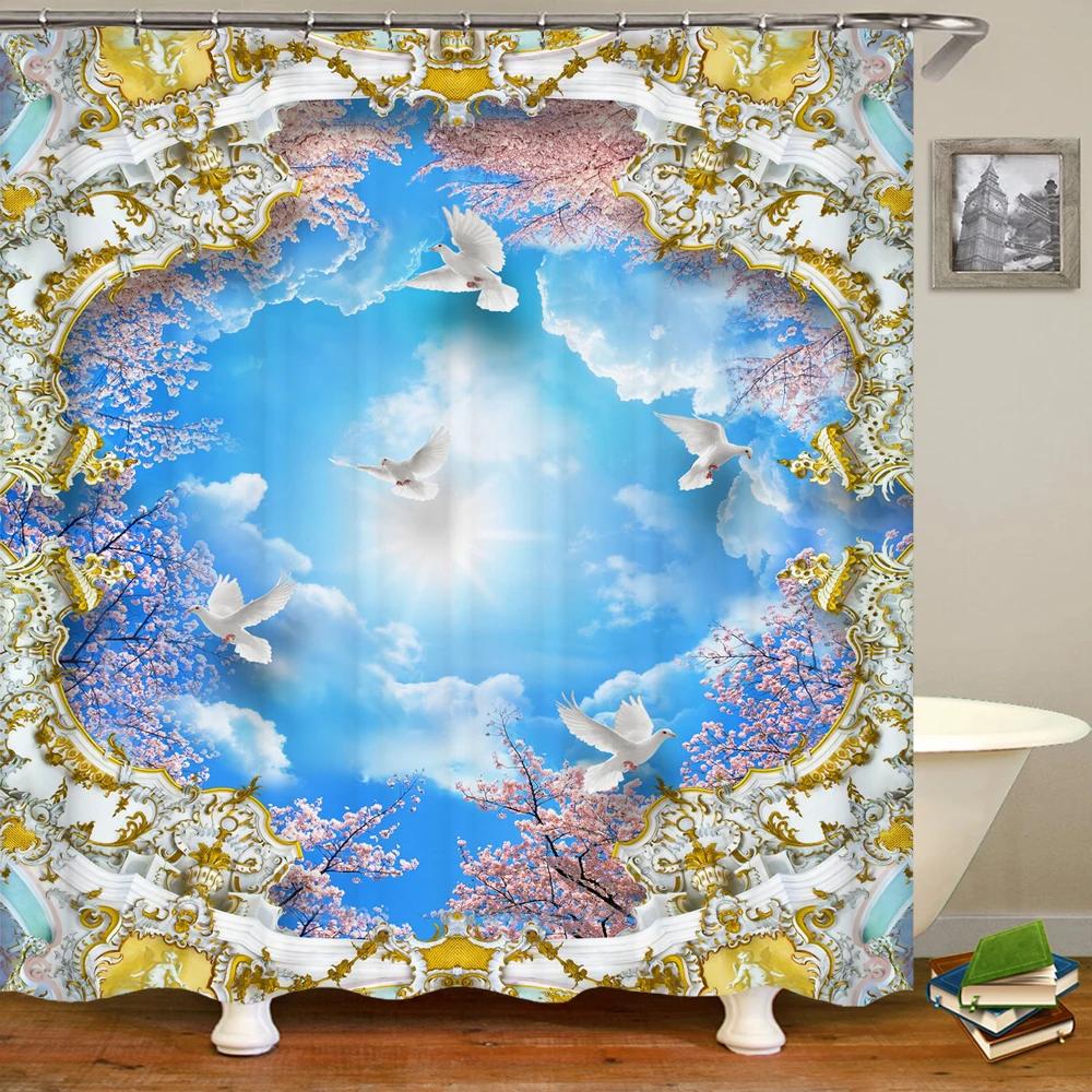 Tende da Doccia Angeli Stile Retro Europeo Tenda da Bagno Tessuto Impermeabile Decorazione Vasca da Bagno 180*180cm Tenda da Bagno Con Ganci