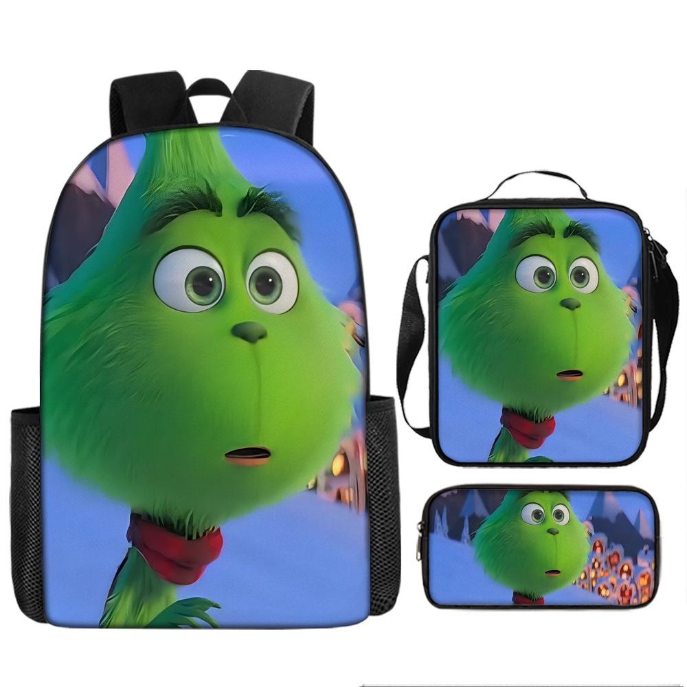 Green Hair Monster Grinch School Bag Campus 12345th and 6th Grade Backpack Lightweight Weight Loss Computer Bag Three-piece Set