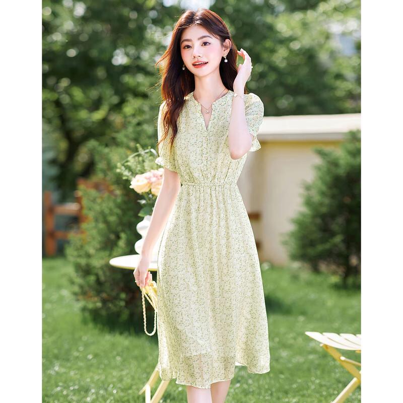 Si Shui Nian Hua Women's Floral Print Short Sleeve Midi Dress