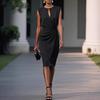 Women's Sleeveless Keyhole Round Neck Midi Dress Side Ruched Wrap Satin Sheath Cocktail Dress