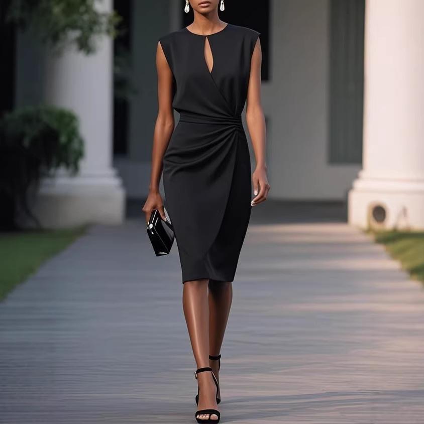 Women's Sleeveless Keyhole Round Neck Midi Dress Side Ruched Wrap Satin Sheath Cocktail Dress