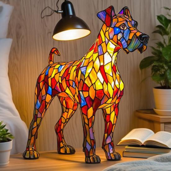 Dog Table Lamp Stained Glass Style Resin Greyhound Night Light 3D Animal-Themed LED Bedside Lamp for Kids' Room Bedroom Decor Dog Lovers Gift
