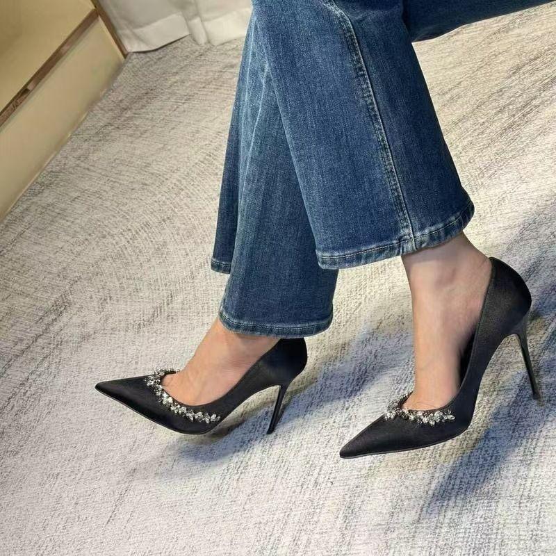 Light Mouth Black Single Shoes New Celebrity Temperament Dress Rhinestone High Heels Women's Banquet Pointed Stiletto