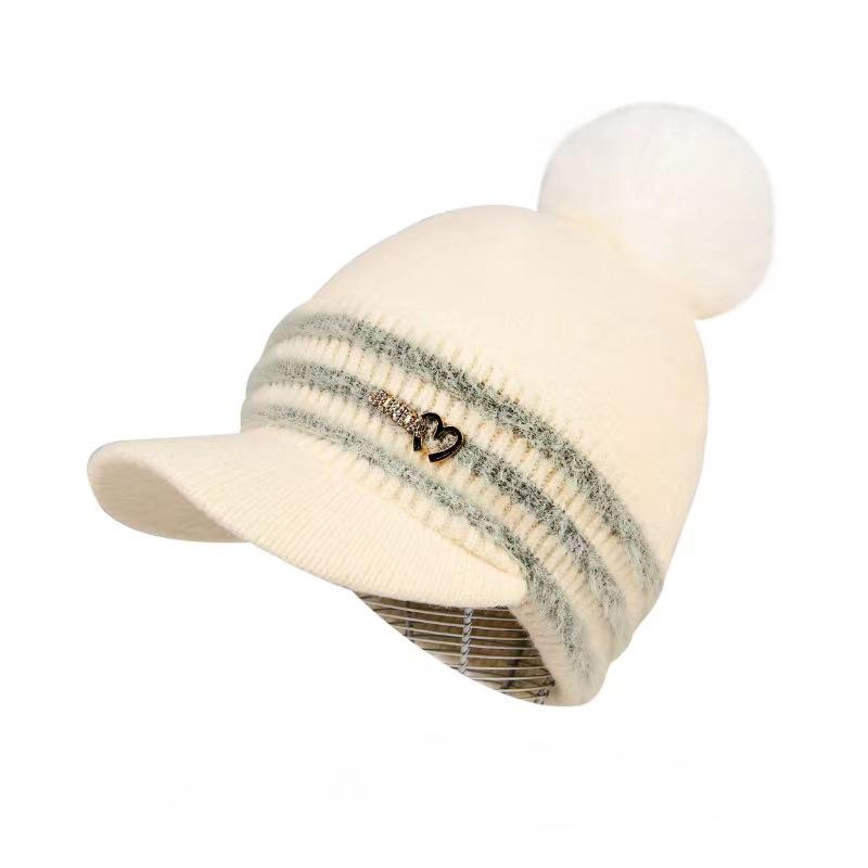 New Autumn and Winter Striped Hat Outdoor Plush Windproof Wool Hat Girl Hairball Ear Protector Knitted Cap