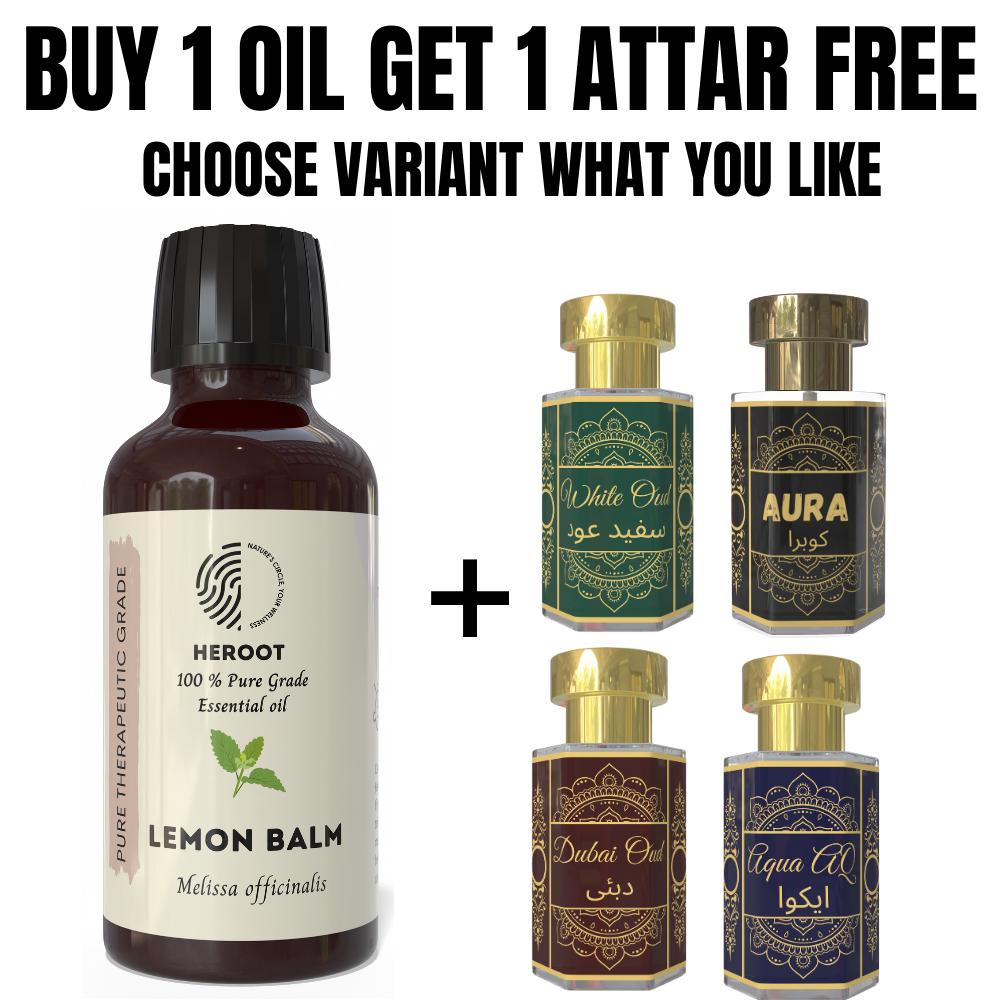 Lemon Balm Essential Oil 10ml for Aromatherapy & Home Fragrance Get 1 Free 6 Ml Attar – Aqua AQ, Dubai Oud, Aura, White Oud
