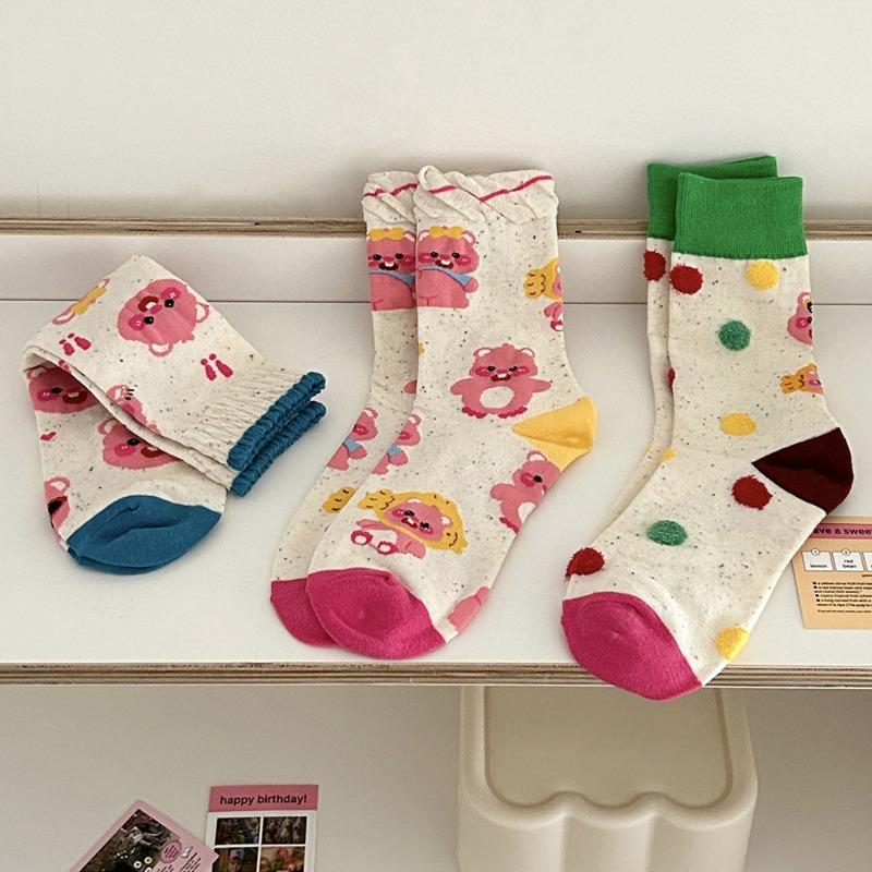 Little Beaver Ruby Socks for Girls Cute and Trendy Pink Girlish Cartoon Mid-calf Socks Colorful Dot Pile Socks