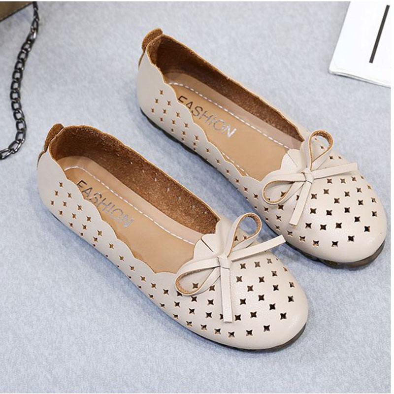 Comfortable Soft Sole Flat Single Shoes Breathable Hollow Bow Design Women's Casual Work Shoes Artificial Soft Leather Shallow Mouth Slip-on