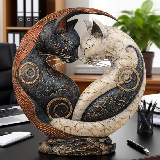 Black White Cat Figurine Chinese Style Cat Yin Yang Art Resin Statue Sculpture Home Office Desktop Decoration Ornament