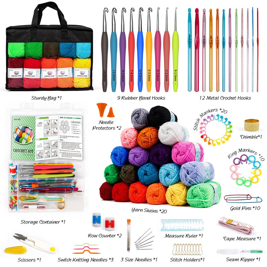 Inscraft Crochet Kit 20 Colors Acrylic Yarn 105 Pcs Bundle for Beginners & Pros