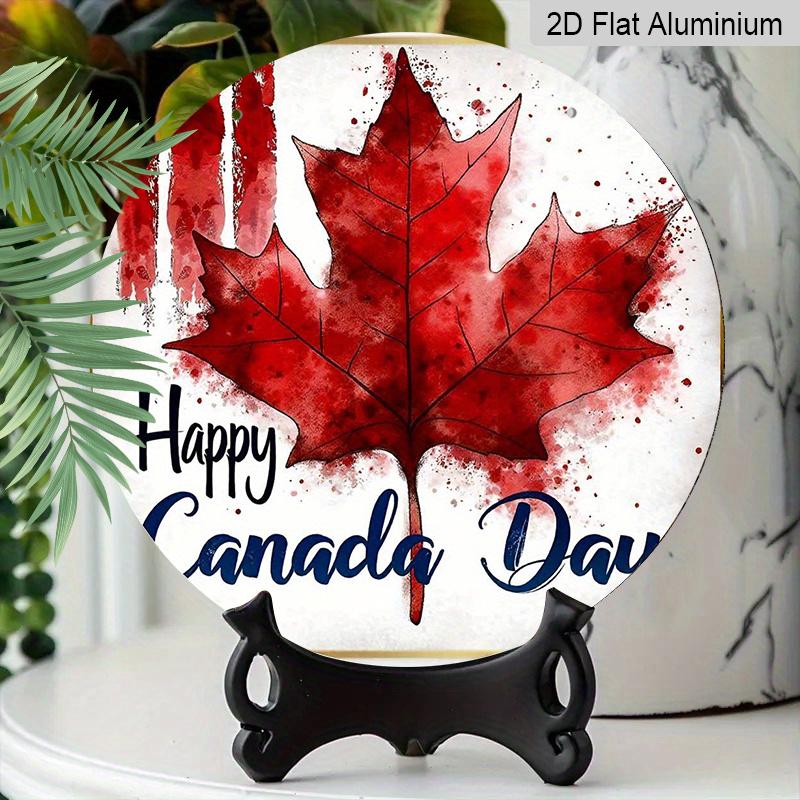2D Flat, 1pc Patriotic Canada Day Round Aluminum Metal Sign, Watercolor Red Maple Leaf "Happy Canada Day" Design, Durable Weatherproof Wall Decor