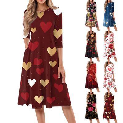 Lässiges und modisches Damenkleid mit Rundhalsausschnitt, sieben Viertelärmeln, bedruckt, mittellang