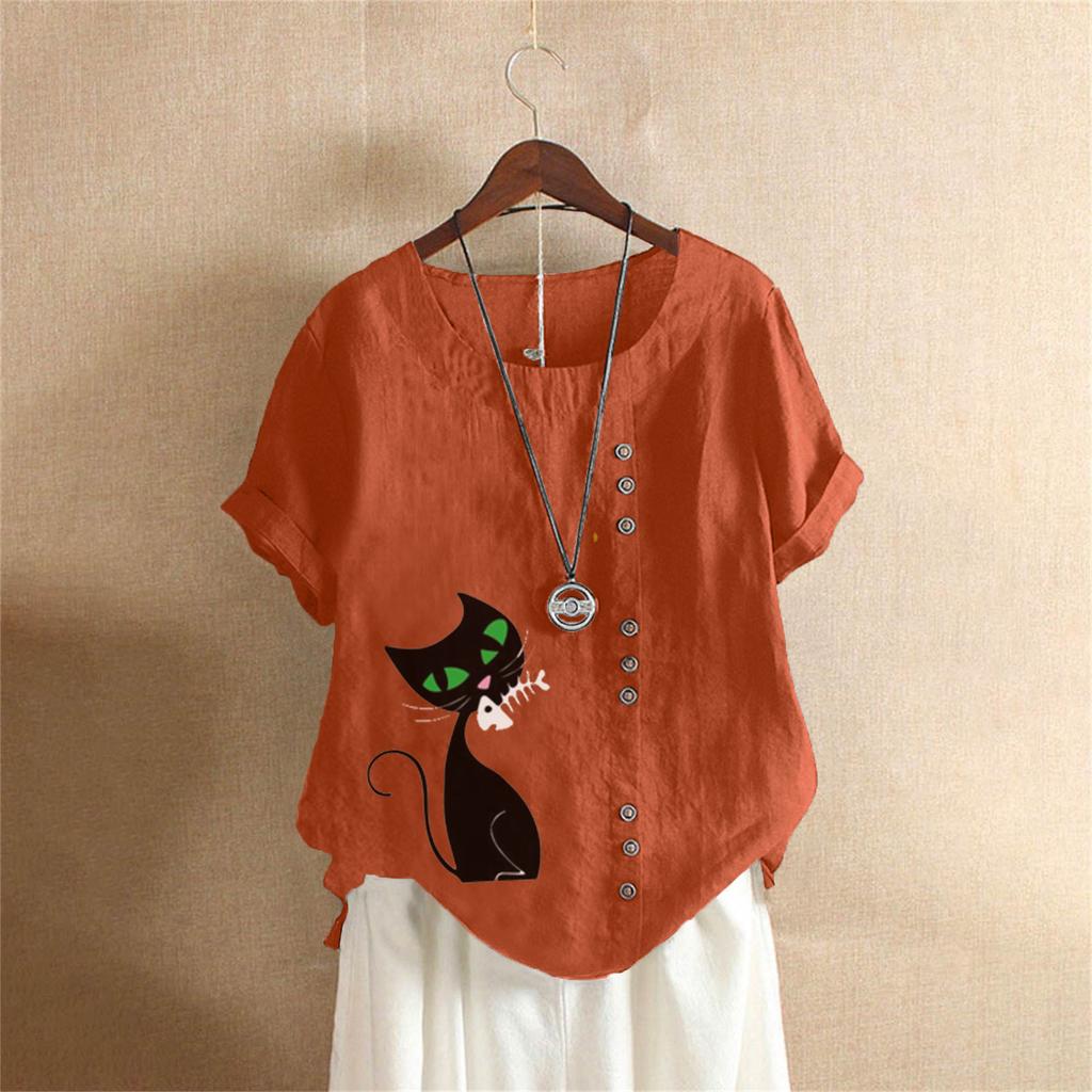 Summer Oversized Cotton and Linen Short-sleeved T-shirt, Cotton and Linen Cat Printed Oversized Women's Clothing
