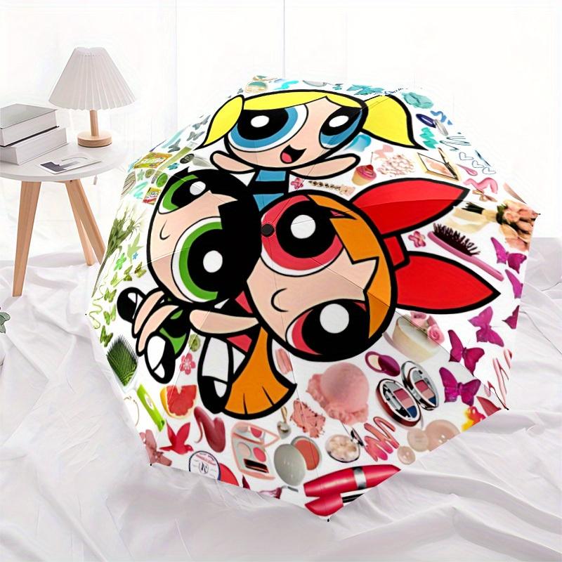 1pc Powerpuff Girls Automatic Folding Umbrella, Portable Collapsible Design, 8-Rib Iron Frame, , All-Season Casual Outdoor Accessory for Christmas Bir