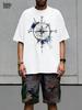 Men's Summer Cotton Fashionable Loose Casual Compass Pattern Printed Round Neck Short Sleeved T-shirt Breathable And Casual