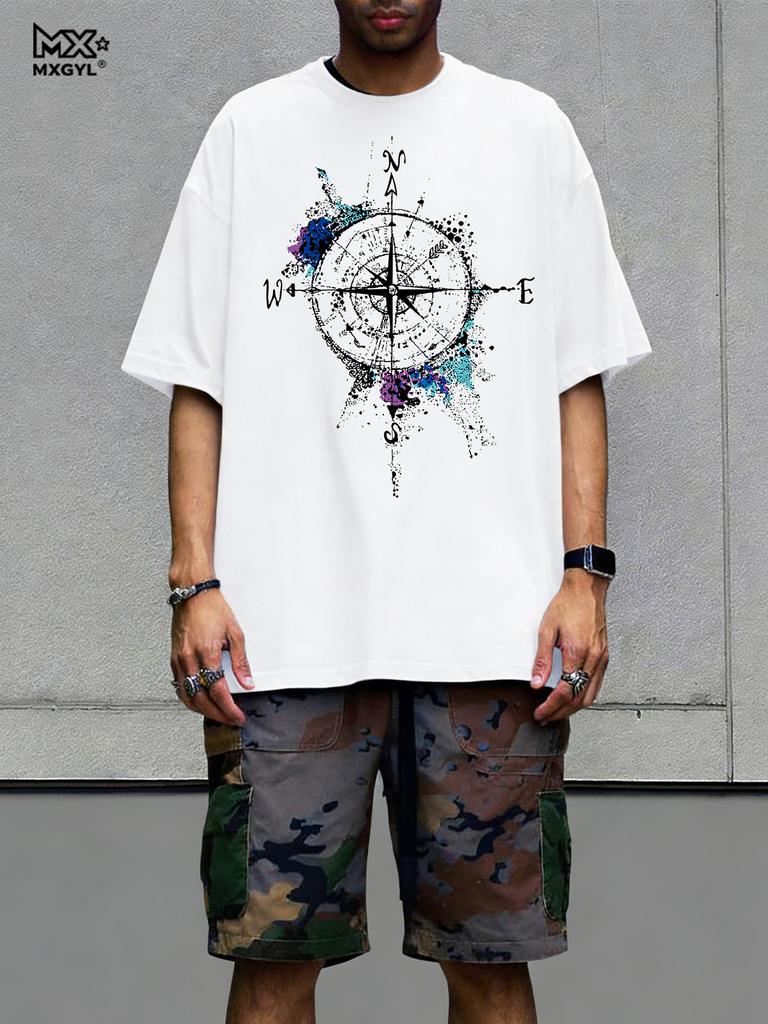 Men's Summer Cotton Fashionable Loose Casual Compass Pattern Printed Round Neck Short Sleeved T-shirt Breathable And Casual