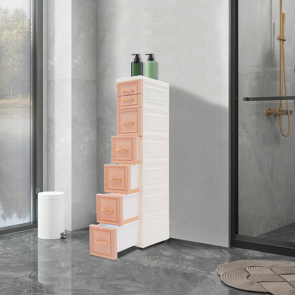 Slim Storage Organizer, Narrow 6-Tier Storage Cabinet with 7 Drawers & Movable Wheels, Lightweight PP Material for Bathroom