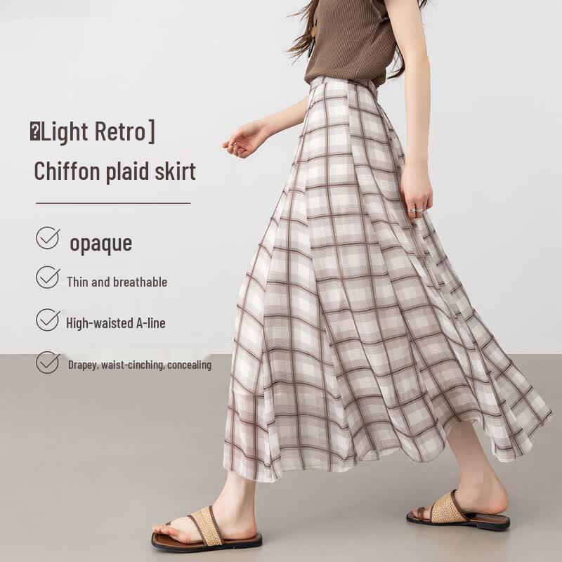 HSTYLE Women s Chiffon Plaid Midi Skirt L