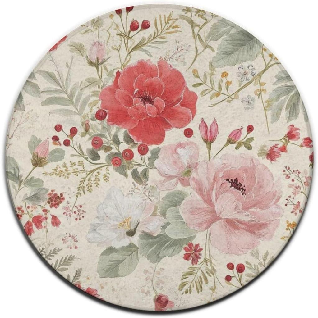 Bohemian Style Flower Round Rug Tropical Home Decor Non-Slip  Carpet Indoor Outdoor Decor Mat for Living Room Bedroom Kitchen