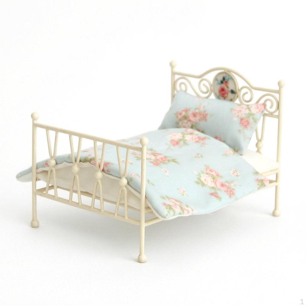 Bed with Bedding Vintage Miniature Metal Ornate Furniture for Collectors, Kids, Display Scenes