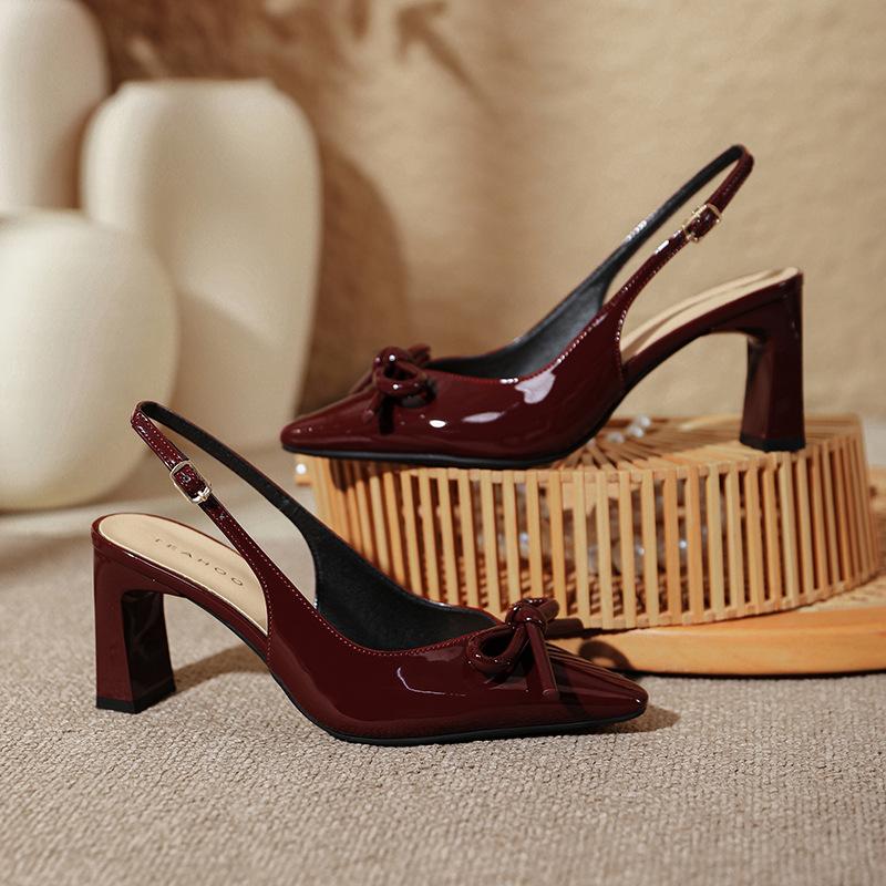 2025 Summer New Little Chic Women's Sandals - Toe-Covered Backless, Bow Decor, Chunky Heel, Fashionable Versatile, Elegant Party/Date Shoes XW-9612-2