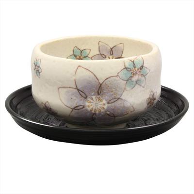 Mino Ware Yutatsu Bowl Tea Clematis Design Made In Japan (with Tray) 503-03