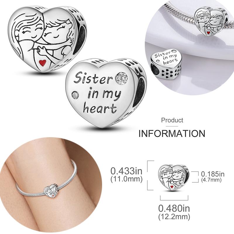 New In Copper Charms Sister Love Mother Family Heart Beads Fit Original Bracelet Diy For Woman Jewelry Gift