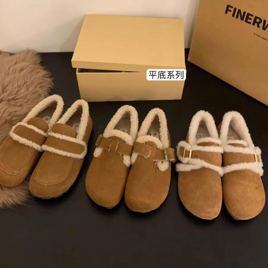 Fashion 2025 Frosted Leather Thick-soled Brown Velvet Boken Shoes Autumn Winter Snow Boots Women's Cotton Sneakers Wear Fluffy Mary Jane