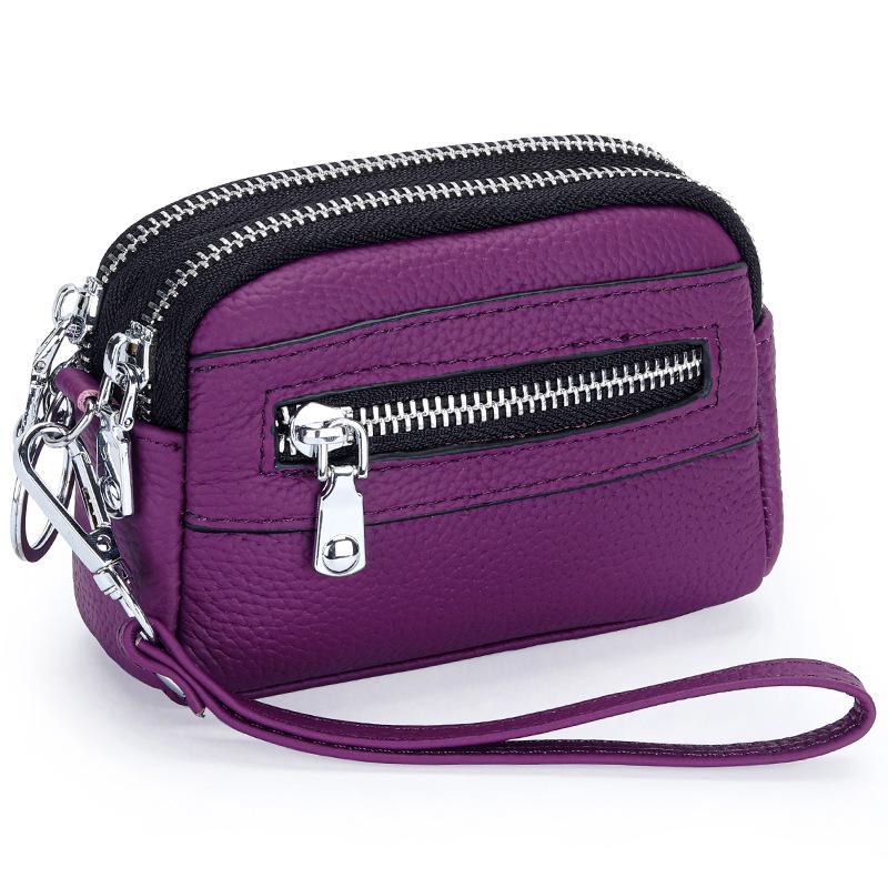 

Women s Mini Clutch: Double Zipper Genuine Leather Coin Purse with Large Capacity - First Layer Cowhide фиолетовый