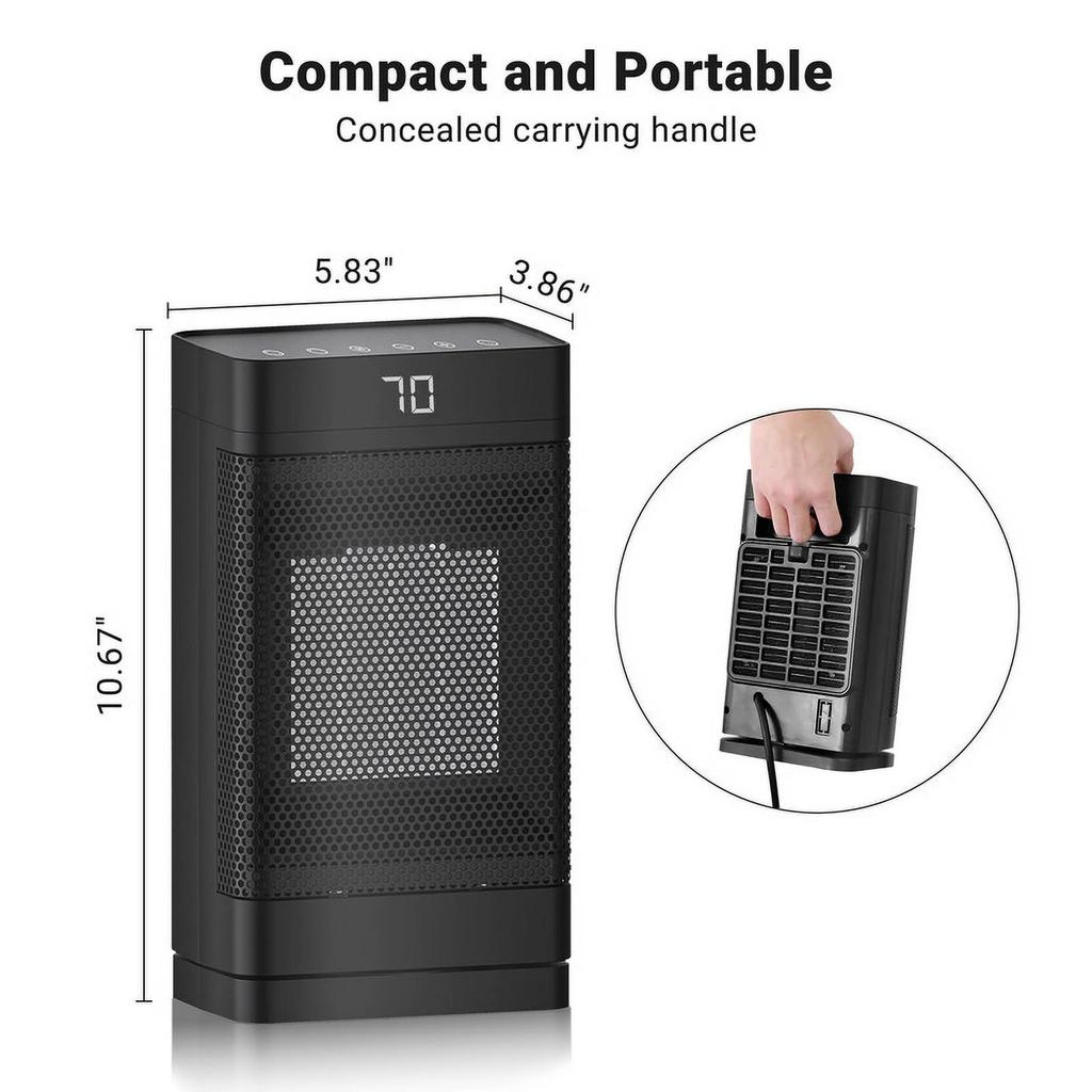 Space Heater, 1500W PTC Fast Portable Electric Heater with 70° Oscillation & Timer for Bedroom