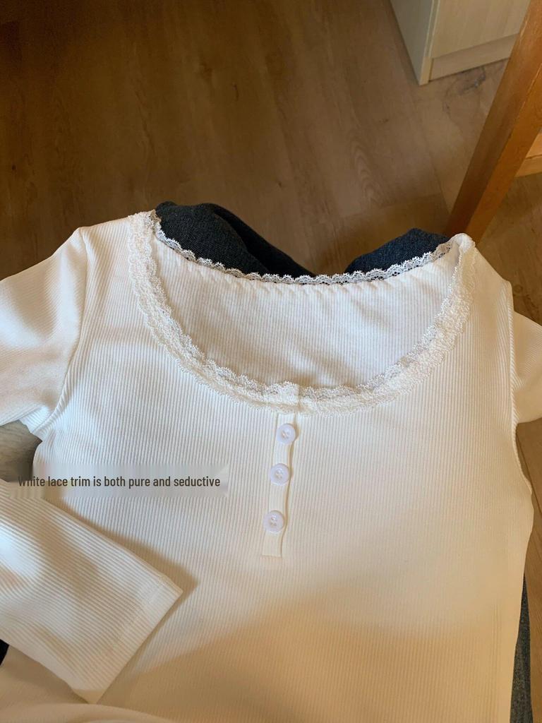 2025 A/W Lace Trim U-Neck Slimming T-Shirt
