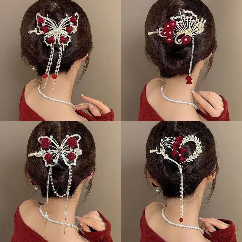 Agrafă de păr Exquisită cu Ciucure de Flori Roșii și Perle pentru Femei, Agrafă de Păr pentru Crăciun, Ace de Păr, Clip de Prindere, Articol de Păr pentru Mireasă, Anul Nou