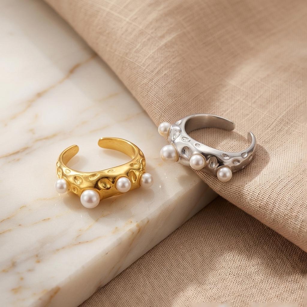 Vintage Pearl Inlaid Stainless Steel Open Ring - Artistic, Versatile, and Irregular-Shaped Jewelry