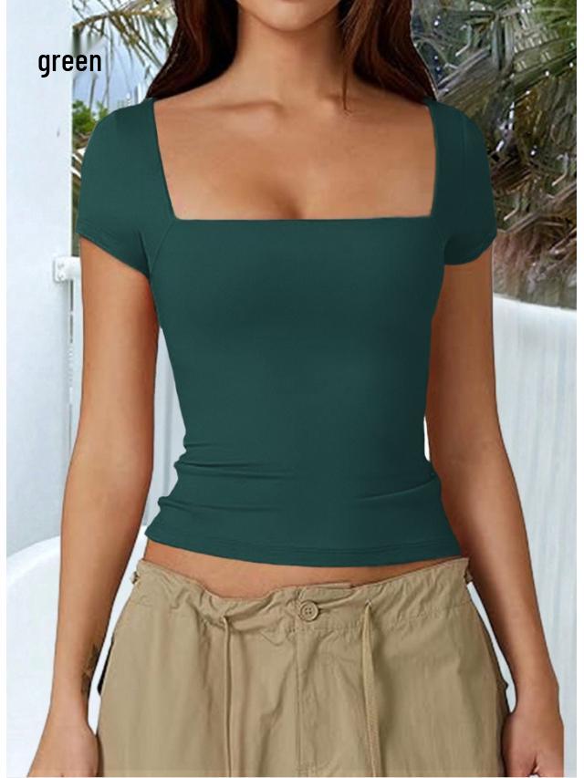 Di Yun Women's Casual Square Neck Solid Color Short Sleeve T-Shirt - 2024 Spring/Summer