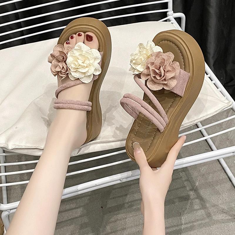 Fashion Women's New Flower Small Figure High Platform Sandals Wear Soft-soled Non-slip Beautiful Cool Slippers In Summer