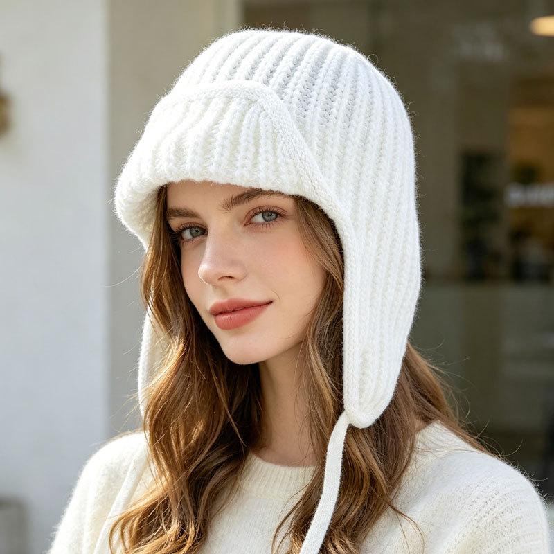 Neue Damen Herbst Winter Ohrklappen Strickwollmütze, Kordelzug Thermisch Warm Flieger Skimütze, Mode Vielseitig Outdoor Trooper Mütze