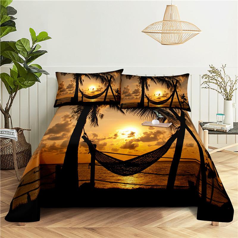 2/3Pcs Beach Bedding Sheet Home Digital Printing Polyester Bed Flat Sheet With Pillowcase Print Bed Sheet