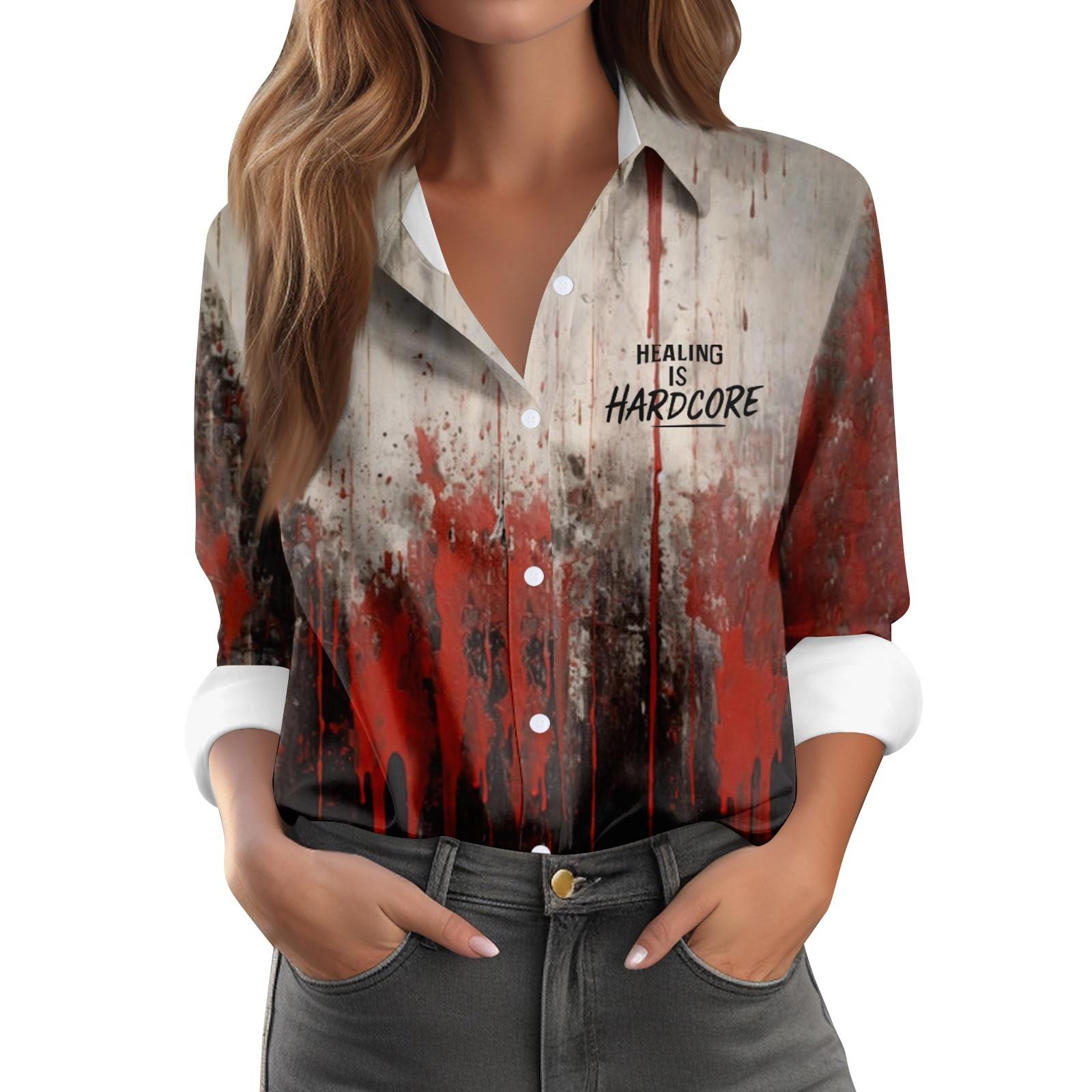 

Women s Long Sleeve Button Halloween Printed Casual Shirt Top XXL винний