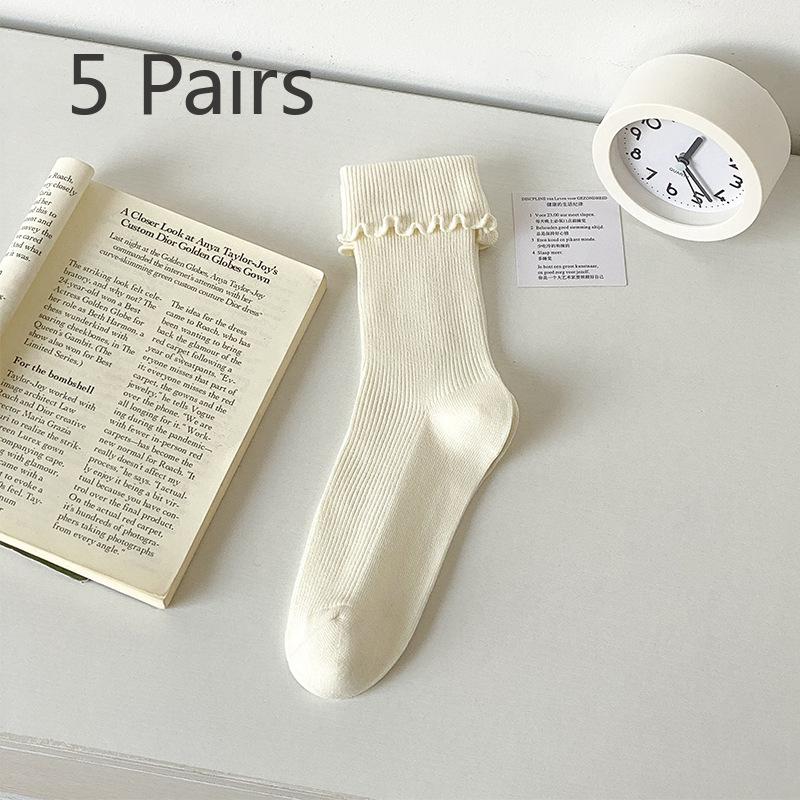 5 Pairs of Women's Spring and Summer Breathable and Versatile Black Fungus Flanged Long Tube Stack Socks