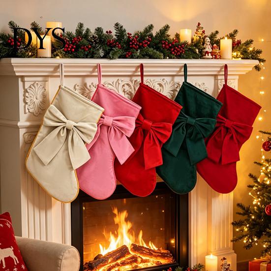Large Capacity Present Bag Soft Velvet Christmas Stocking for Fireplace Decor, Hanging Gift Eve Treat Pouch with Bow, Plush Candy Tote Kids,