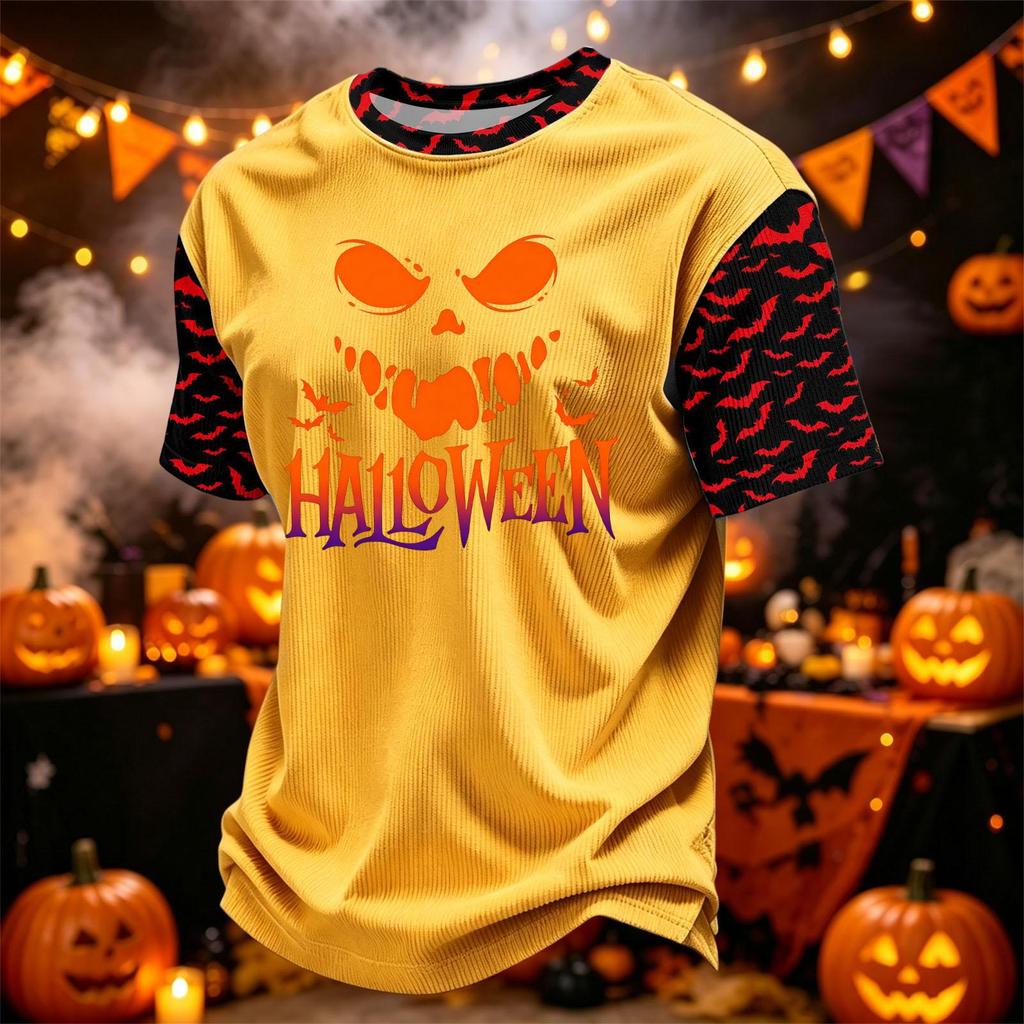 Men's Casual Corduroy Round Neck Lightweight Breathable Short Sleeve Top Halloween Print Lettering Design
