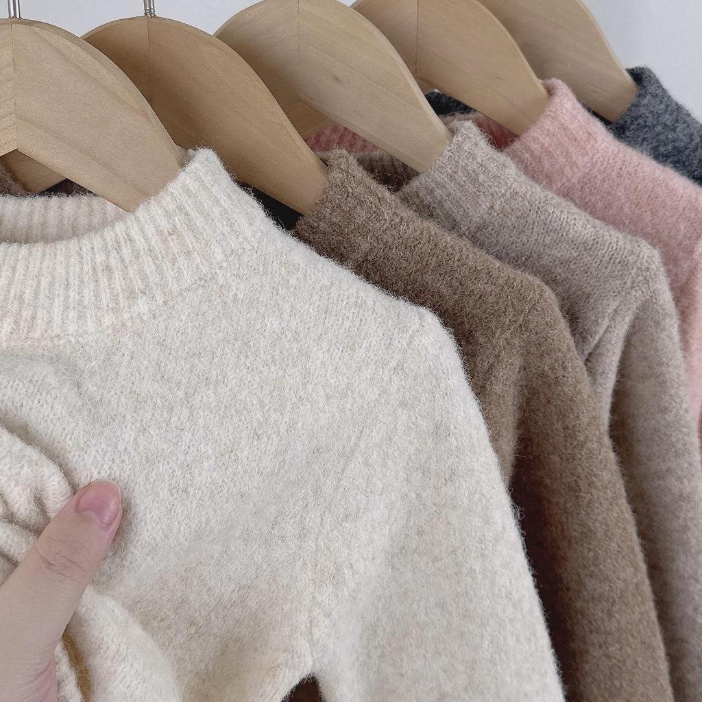 Kids' Round Neck Wool Sweater - Solid Color Knit Pullover for Autumn/Winter