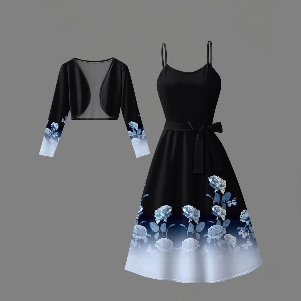 Women's  Fashionable And Casual Long-sleeved Short Cardigan Top + Belt + Strappy Dress Set