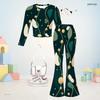 Girls Black Floral Printed Round Neck Long Sleeve Top Flared Pants Two Piece Set