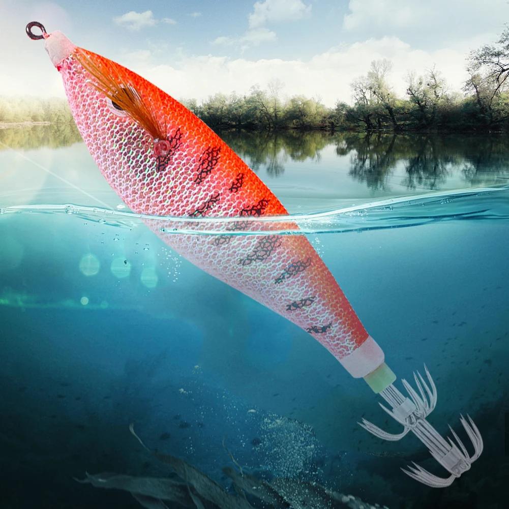 Leurre de Pêche au Calmar Lumineux Horizontal Calmar Artificiel Jigging Eging Crevette en Bois Hameçons Appât Poulpe Appât Seiche pour la Pêche