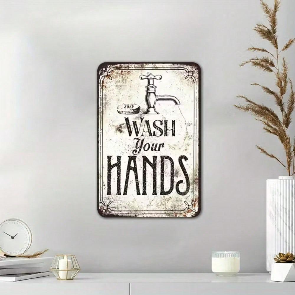 Vintage Style 1920s Hand Wash Metal Wall Art Sign Retro 2D Flat 8x12 Inch Bathroom Kitchen Decor