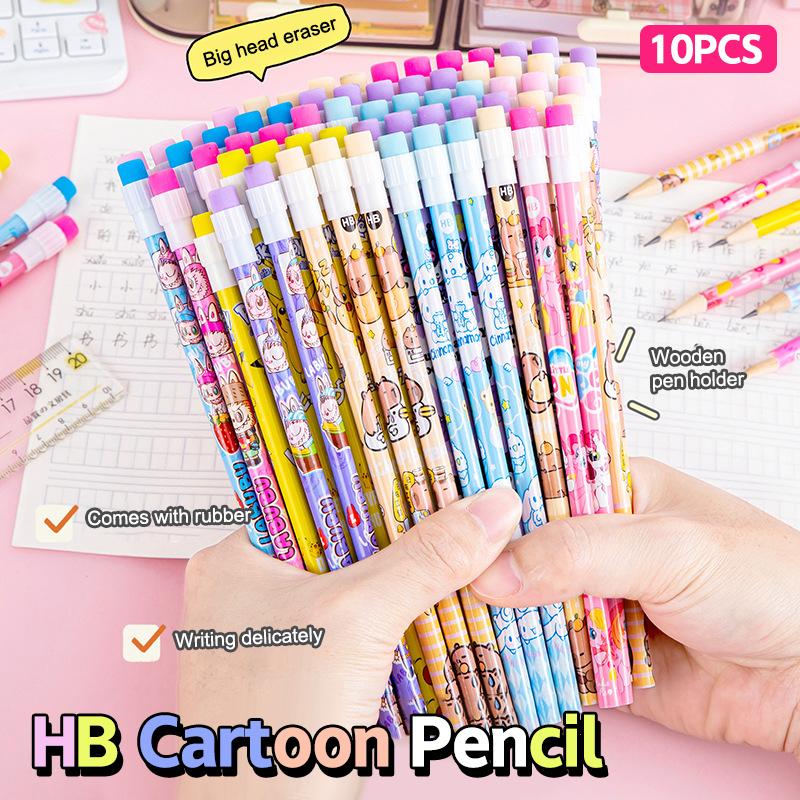10Pcs Wooden Pencils With Eraser Cartoon Pencils With Colorful Eraser Office Supplies Student Stationery Birthday Gifts