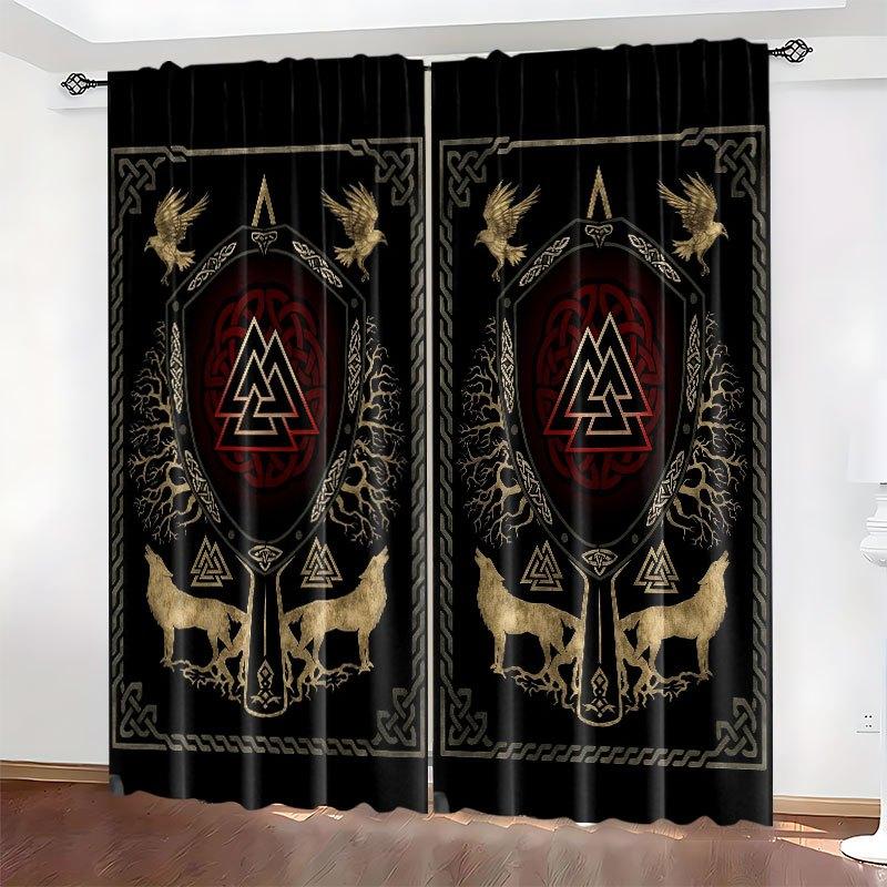 Set Of 2 Viking Shield Raven Wolf Light Blocking Curtains Black Red Gold Polyester Bedroom Living Room Office Curtain For Made Machine Washable